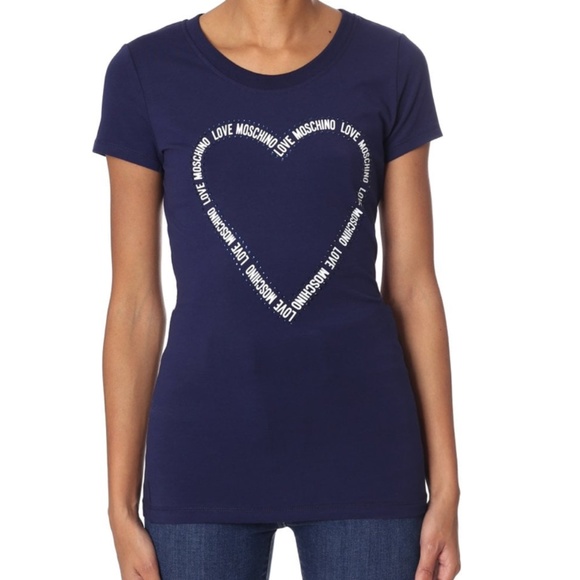 Love Moschino Tops - Love Moschino blue Rhinestone Tape Heart tee shirt